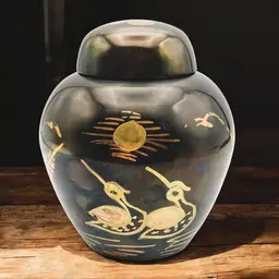 Brass Ginger Jar w/ Copper Filled Incised Swans, Water Reeds, Moon Made in India