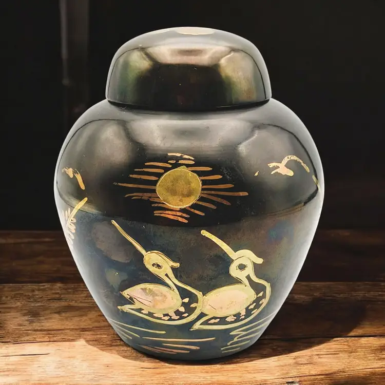 Brass Ginger Jar w/ Copper Filled Incised Swans, Water Reeds, Moon Made in India