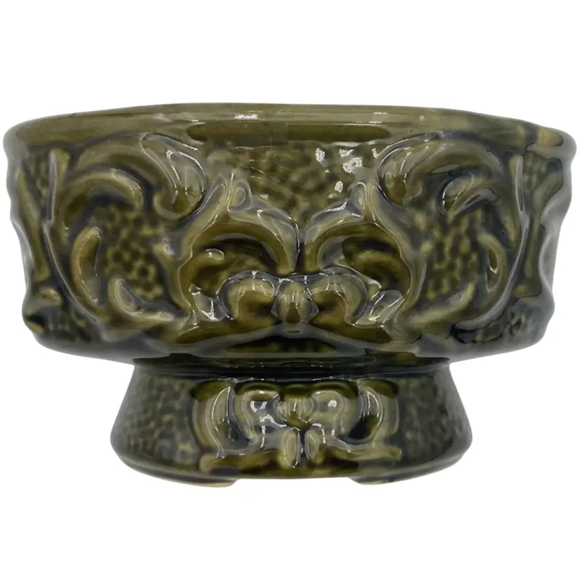 Vintage, MCM Dark Olive Green Pottery Planter with Pedestal, Bows & Scrolls