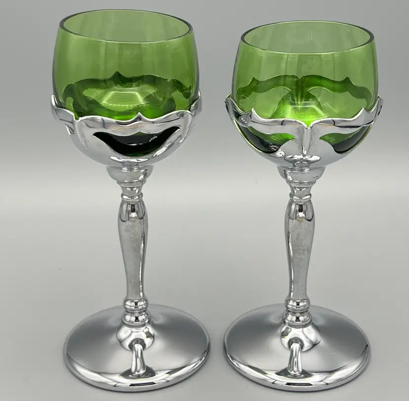 Farber Bros  2 Stem Cordial Cocktail Liquor Chrome GreenCambridge Glass Art Deco