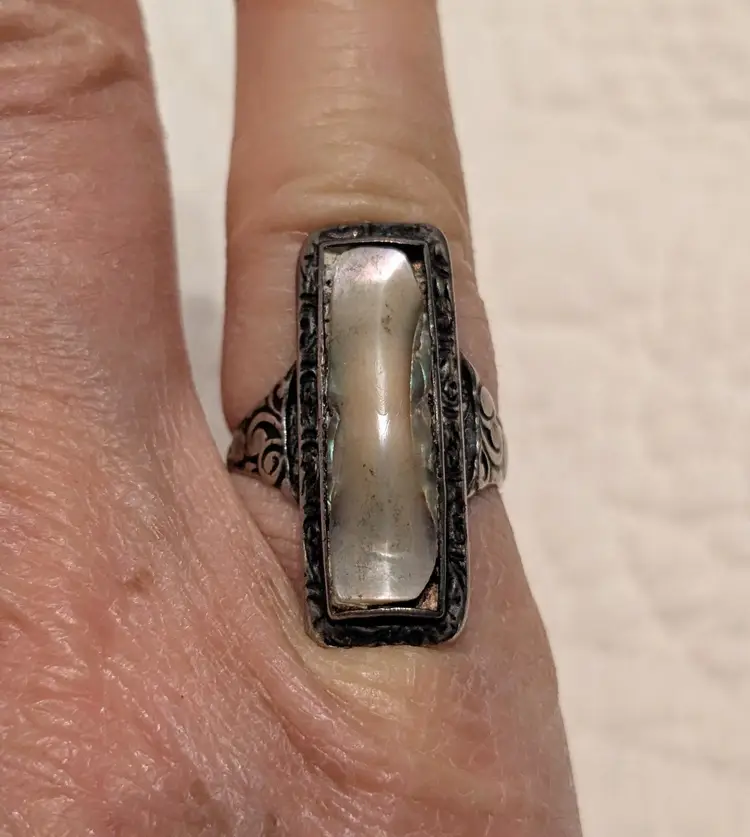Antique Sterling Silver Russian Blister Pearl Really Ring in Rectangular Setting, Size 5