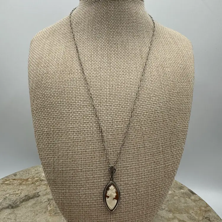 Antique Art Deco Filigree Y Drop Connector 925 Sterling Silver Cameo Necklace “Tested”