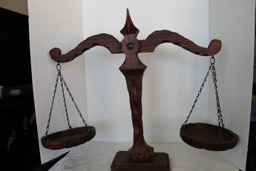 Hand-Carved Wooden Scales of Justice Balance Scale | Rustic Folk Art Decor