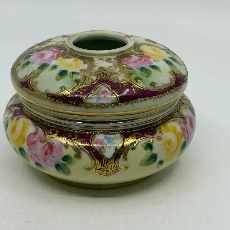 Vintage Antique Hand Painted Nippon Porcelain Hair Receiver Dresser Vanity Dish Floral Pink Yellow Rose Design Gold Trim Moriage Maker’s Mark