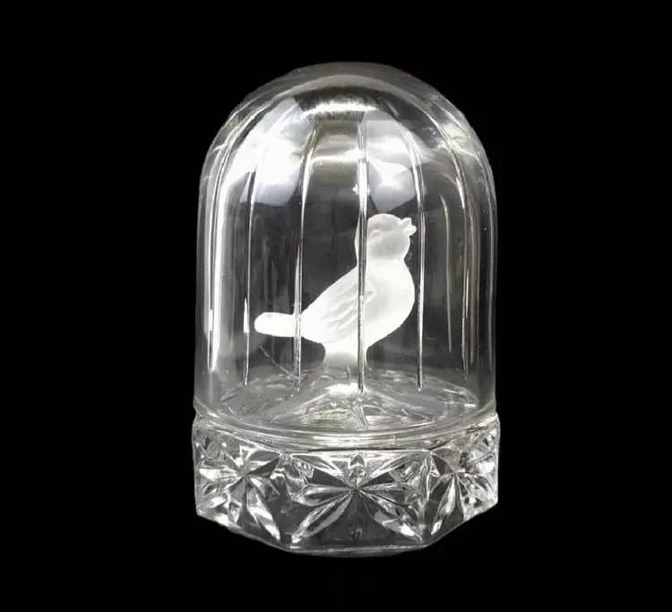 Vintage Hofbauer Byrdes Frosted Satin Crystal Bird Domed Glass Cage Paperweight