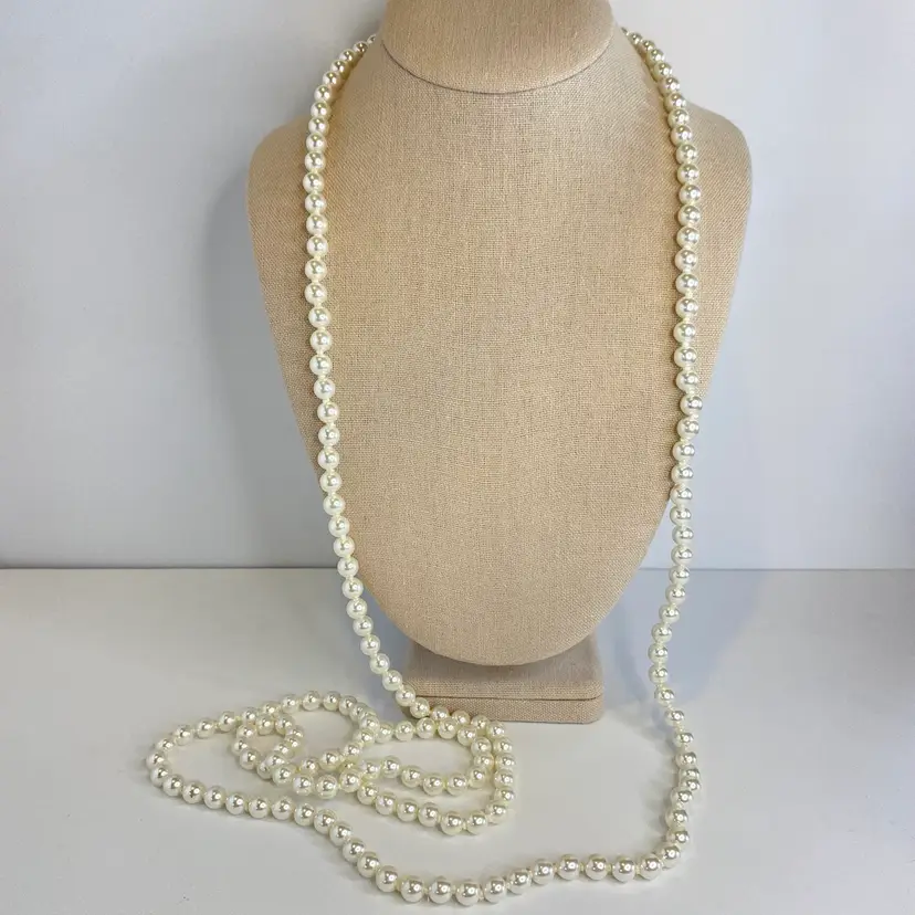 Vintage Mid Century Japan Hand Knotted Faux Pearl 60" Long Jewel Clasp Necklace