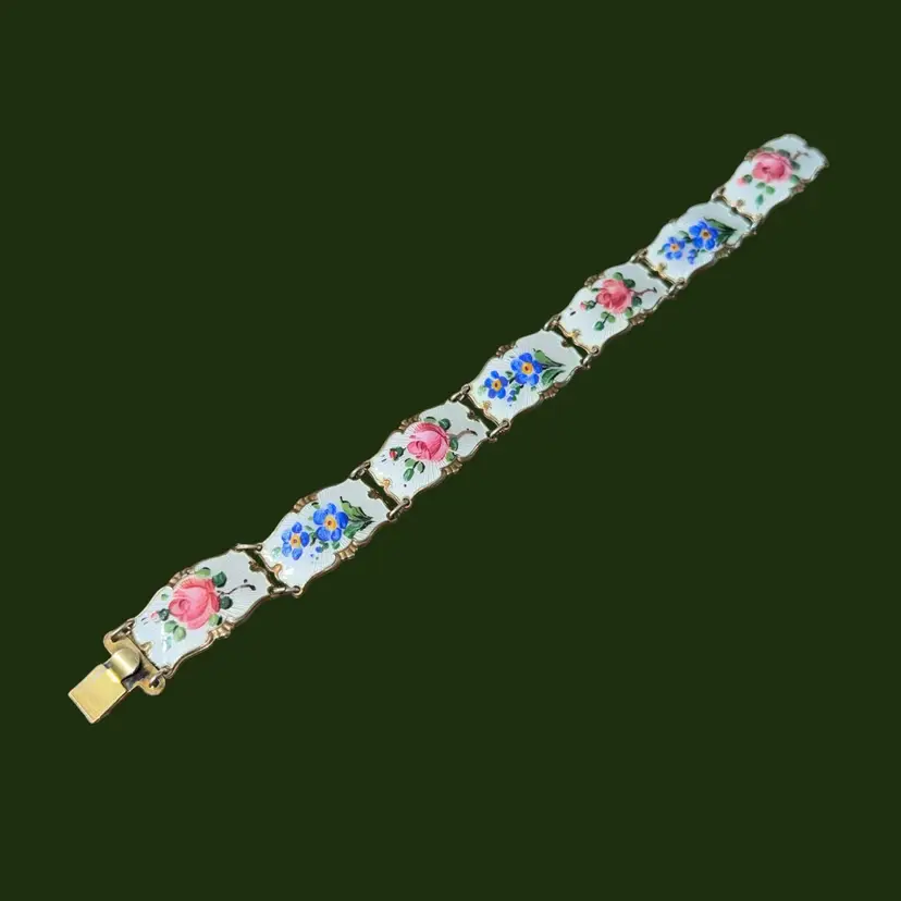 Rare Ivar T Holt Norway Sterling Silver Guilloche Enamel Floral Bracelet 7.5”