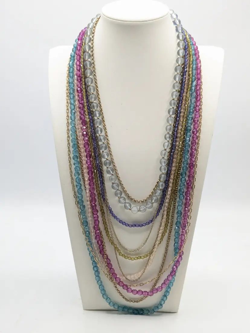 Pastel Color Multi-Strand Beaded and Gold Tone Chain Necklace