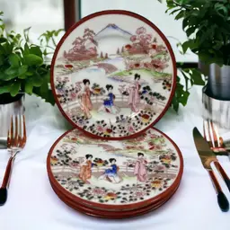 Vintage Japanese Kutani Geisha Porcelain Dessert Plate Hand Painted Set of 4