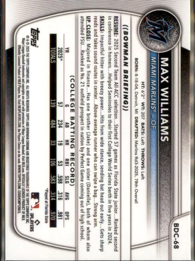 2025 Bowman Draft #BDC-68 Max Williams Chrome X-Fractor - (138) - Miami Marlins