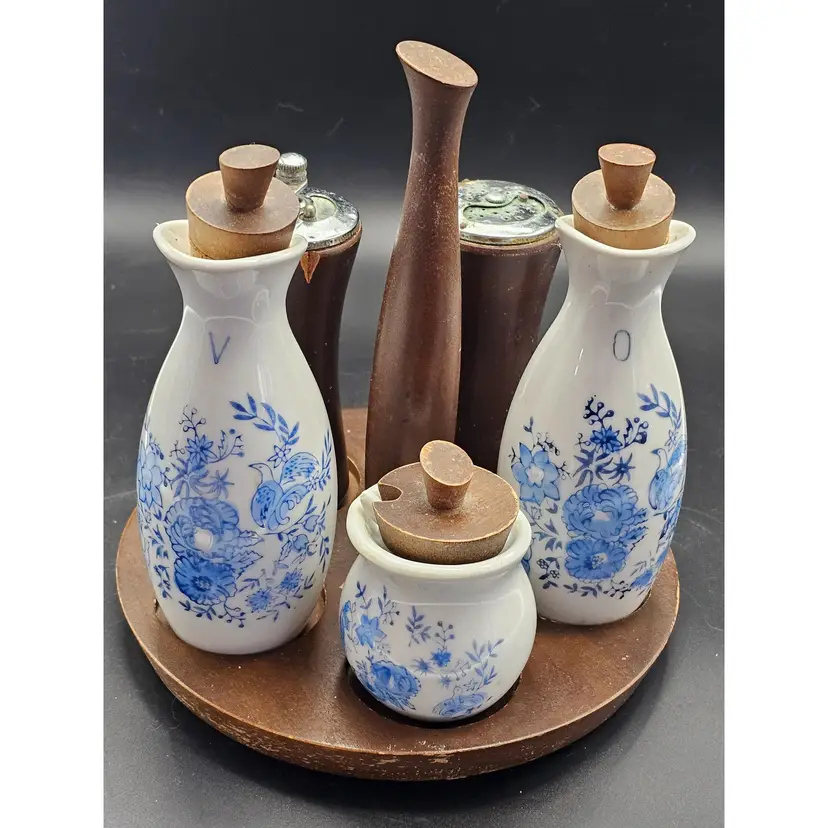 Vtg Ceramic Porcelain MCM Salt Pepper Oil Vinegar Condiment Containers With Caddy Japan