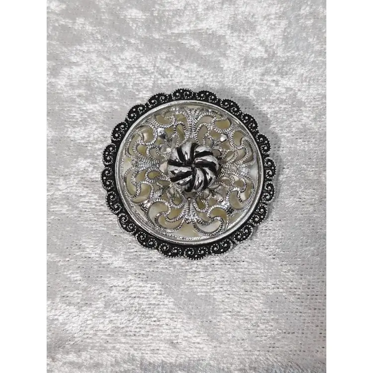 Vintage Scarf Ring Clip, Silver Tone Filigree with Faux Mother of Pearl Back - signed W. Germany