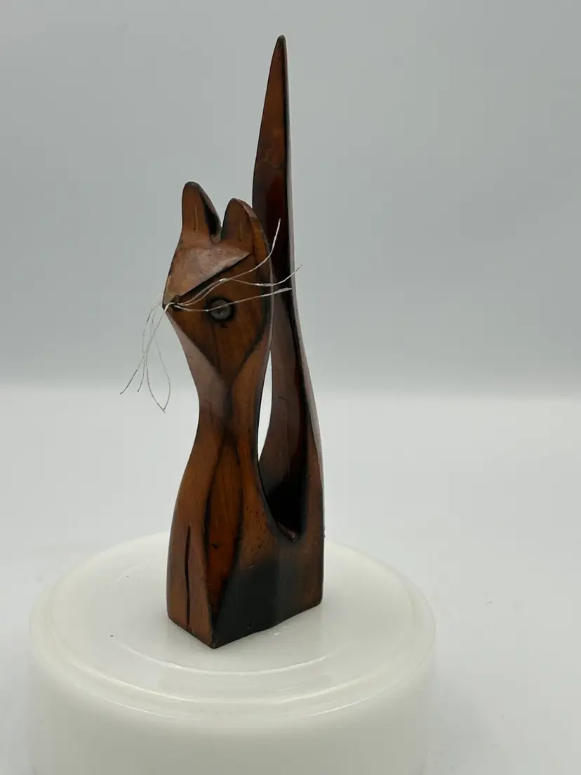 Bintage Slender Hand Carved Wood Cat Figurine With Curly Whiskers