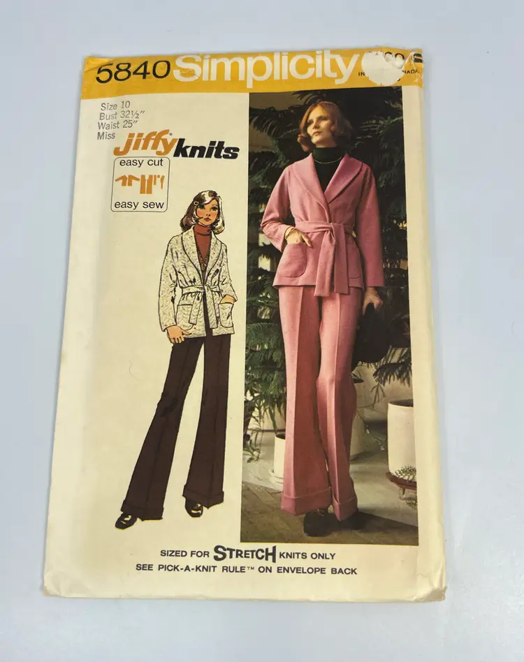 Vintage Simplicity Pattern #5840 Size 10 Bust 32 1/2 Waist 25 Miss Unlined Jacket & Pants 1973