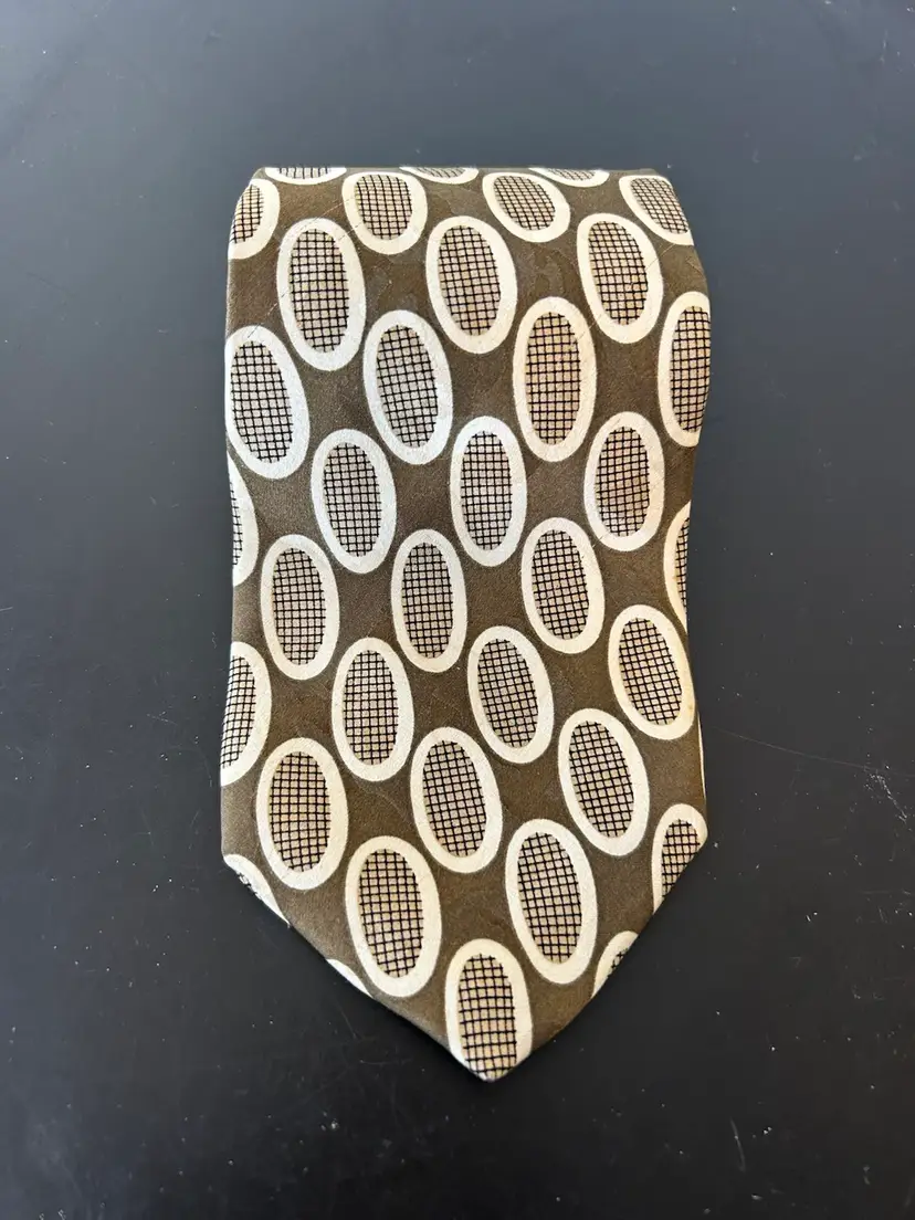 Vtg 1940s Tie 100% Silk Brown Circles Tan By Renaar