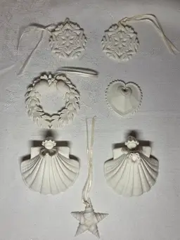 Margaret Furlong Shell Angel Christmas Ornaments Lot 7 1980s Snowflakes Star