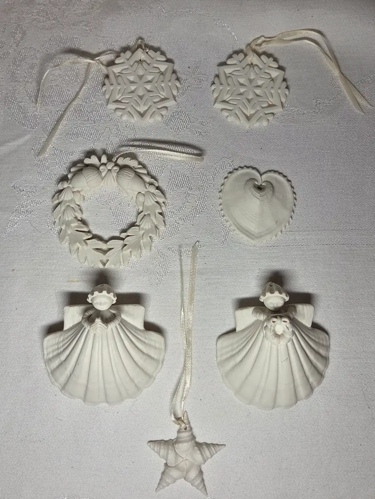 Margaret Furlong Shell Angel Christmas Ornaments Lot 7 1980s Snowflakes Star