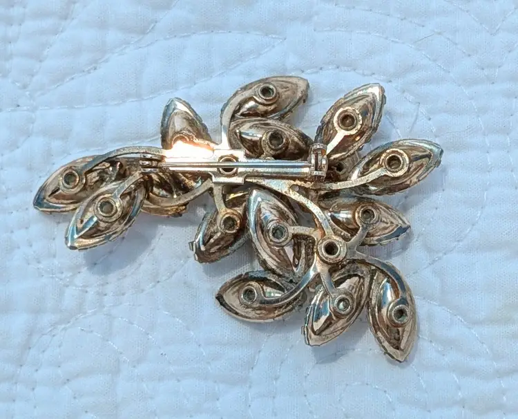 Vintage Mid Century Abstract Brooch with Very Pale Gray Glass Marquis Cut Stones and Clear Rhinestones