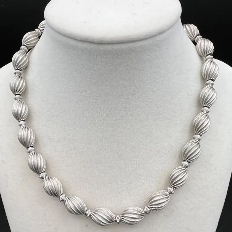 Vintage Monet Brushed Silver Tone Twisted Ribbed Strung Beaded Necklace