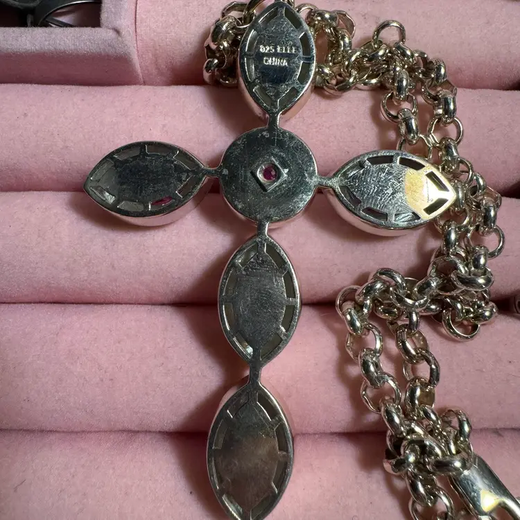 ‘Elle’ Sterling Cross (2.5”) With Rubies 18” Chain