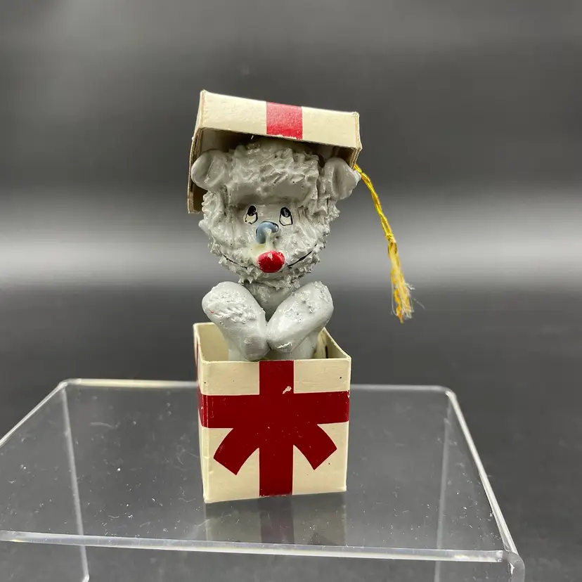 Paper Mache and Cardboard Puppy Dog in Gift Box Hanging Christmas Ornament