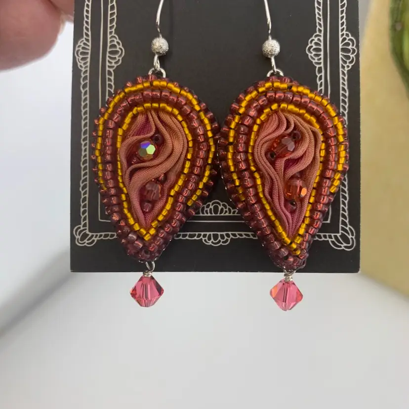Shibori Silk Ribbon Bead Embroidery Earrings