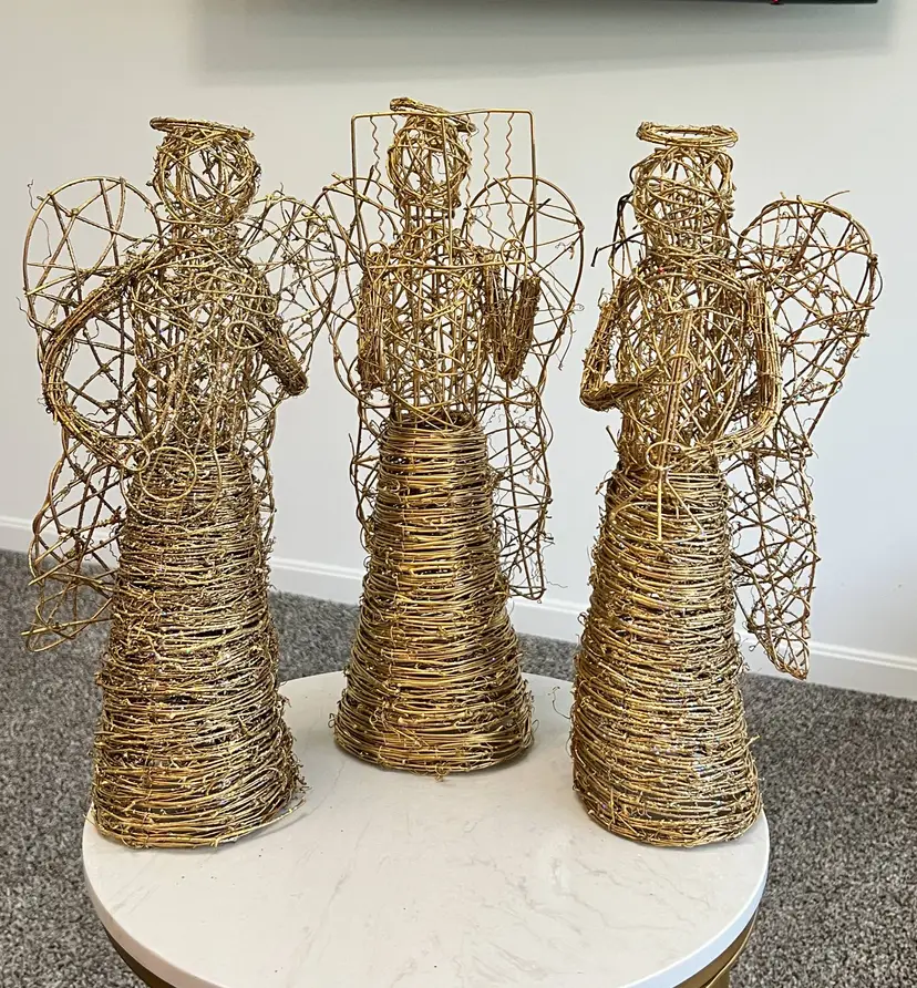 Wicker Angels Vine Gold Tone Glitter Christmas Farmhouse Figurine Shabby Chic