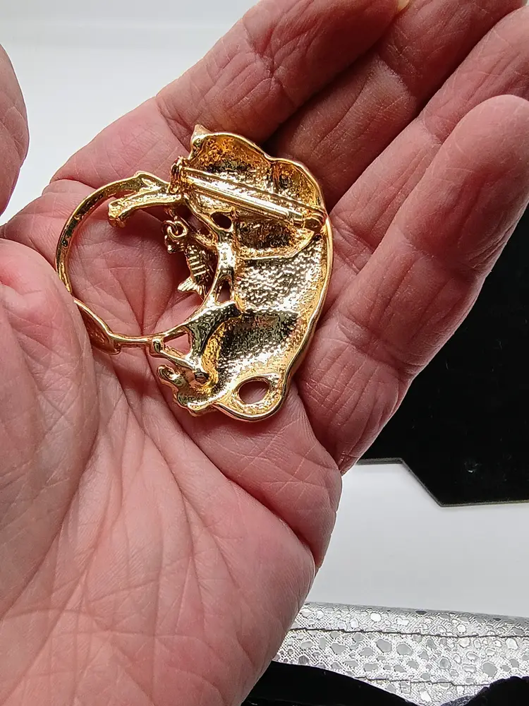 Gold Tone Cat Reaching Into Fish Bowl Brooch Pin Unmarked