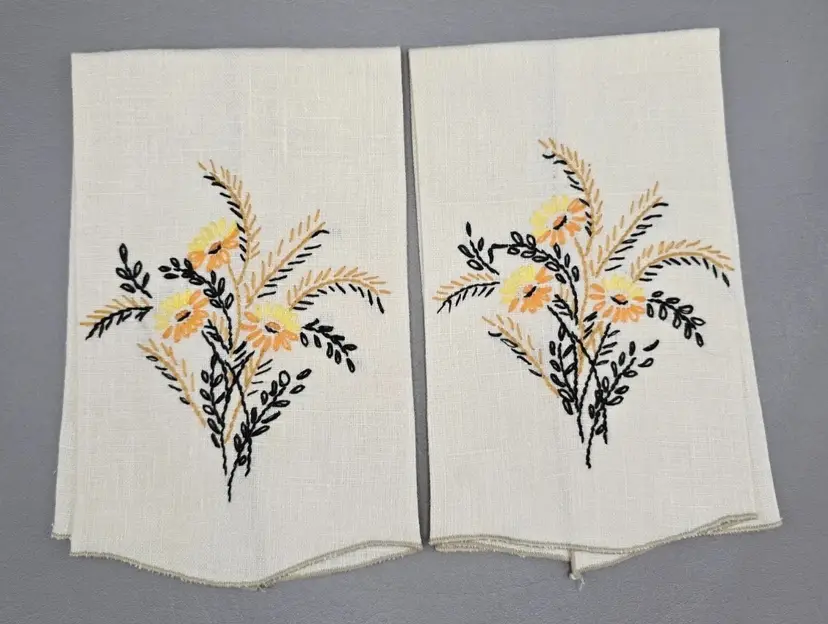 Vintage Lot Of 2 Embroidered Yellow Orange Flower Linen Tea Towels Autumn Colors
