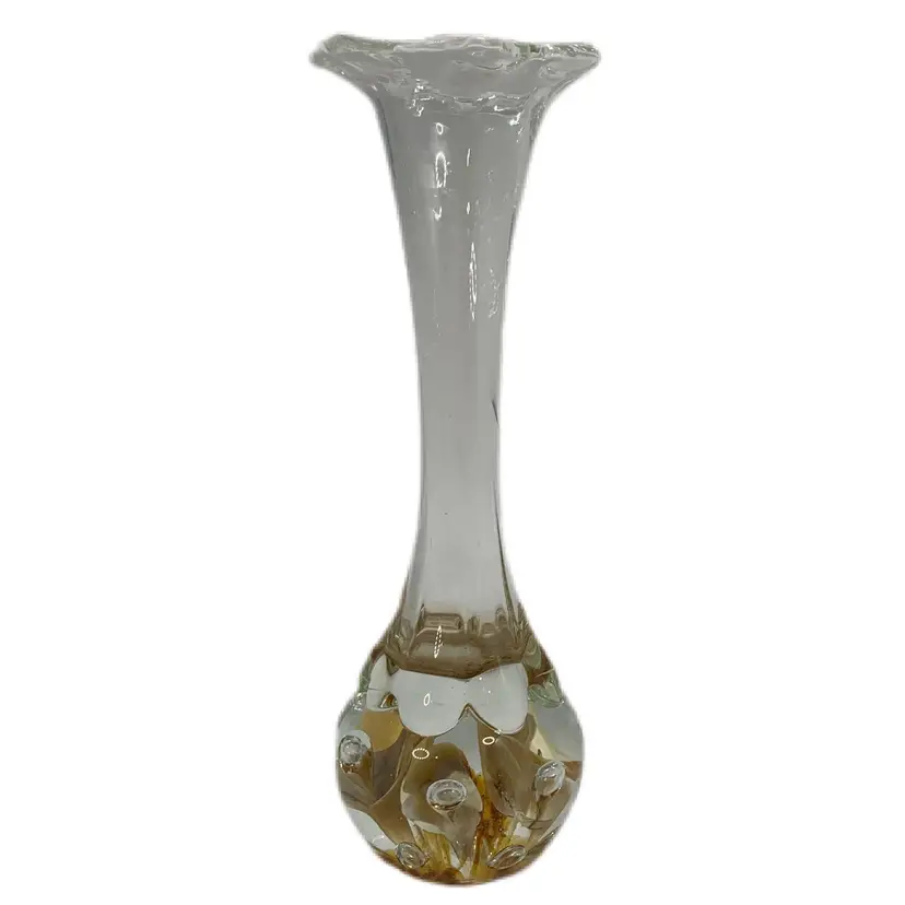 Signed Joe St Clair Bud Vase Glass Controlled Bubble Tan Floral Paperweight Vintage