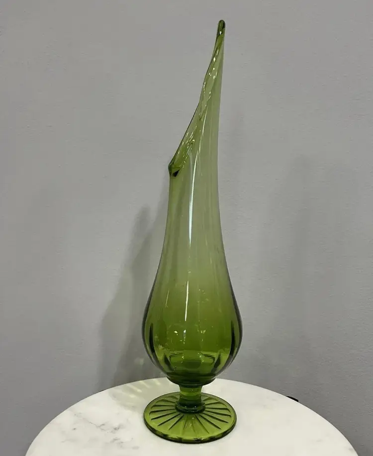 Vintage Green Glass Pedestal Swung Vase 13” MCM HTF *Read, Scratches*
