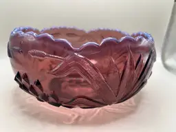 #03 Antique Fenton Amethyst Opalescent Art Glass Bowl ~ Waterlily and Cattail Pattern