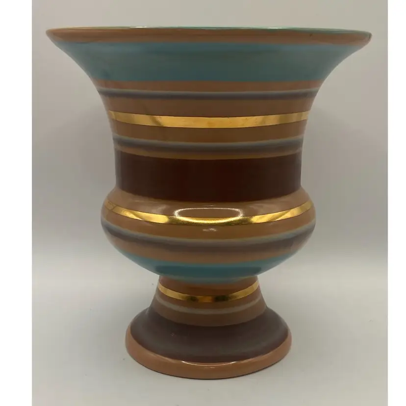Stangl Pottery Vase, Aztec Pattern, 6” Tall, 5 1/2” Wide At Top, With Gold Stripe Accents