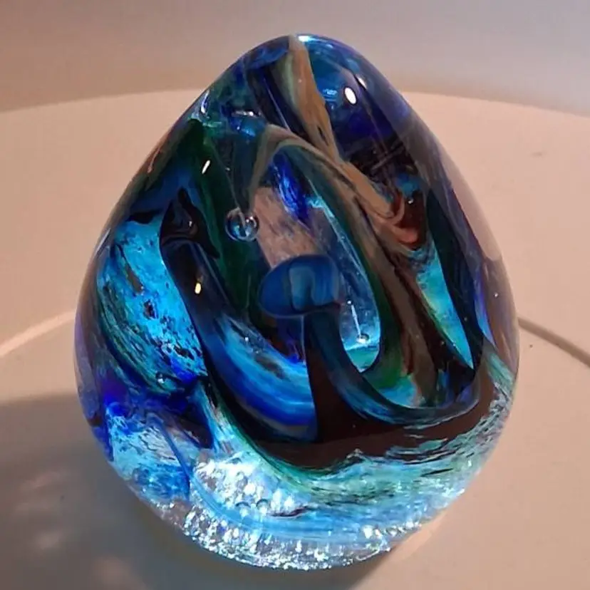 Vintage 1983, Rare, Rhythms Art Glass, Multi-Color, Abstract Structure, Ovoid-Egg Shaped Paperweight