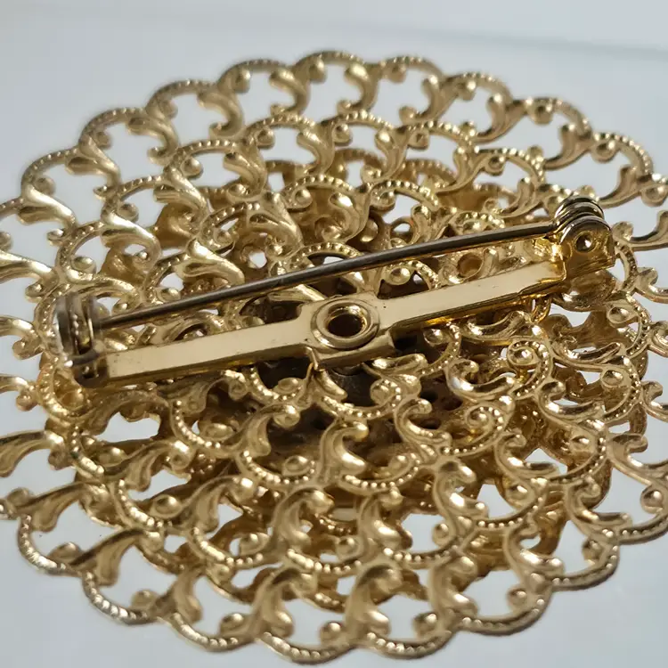 Vintage Gold Tone Filigree Porcelain Courting Couple Brooch