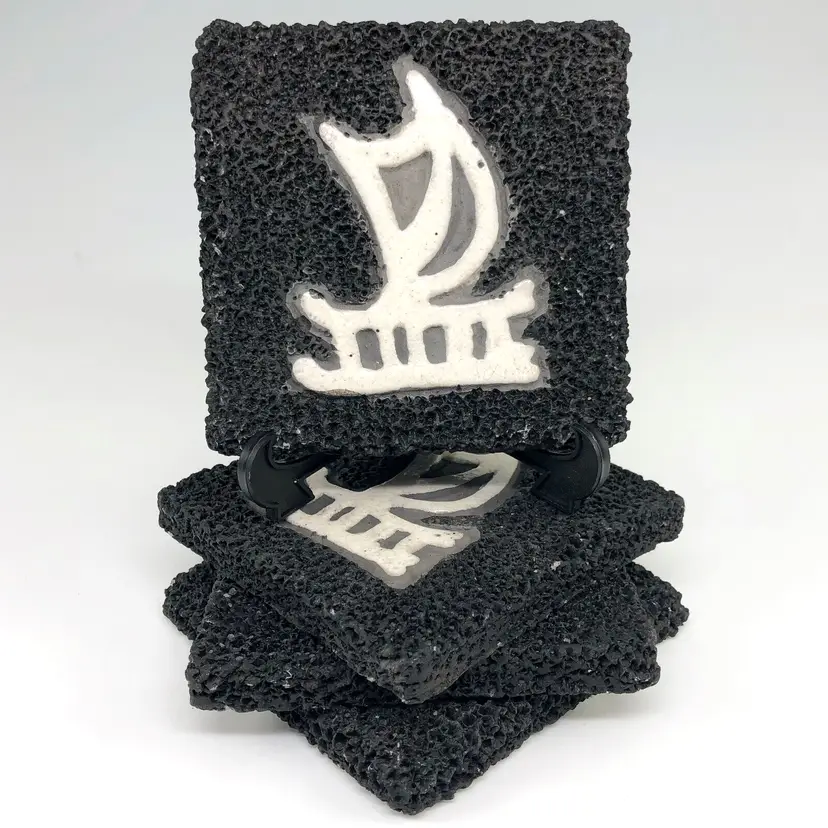 4 Aloha Raku Pottery/Javier Gaytan Hawaiian Canoe Petroglyph Lava Coasters Tiki Bar