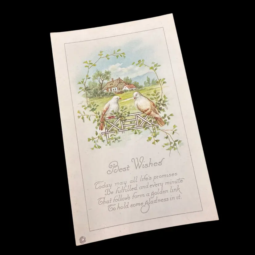 “Best Wishes” White Doves Farmhouse Vignette Vintage Postcard, Stecher Litho