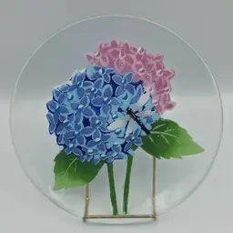 Hydrangea and Dragonfly Fused Glass Plate Signed