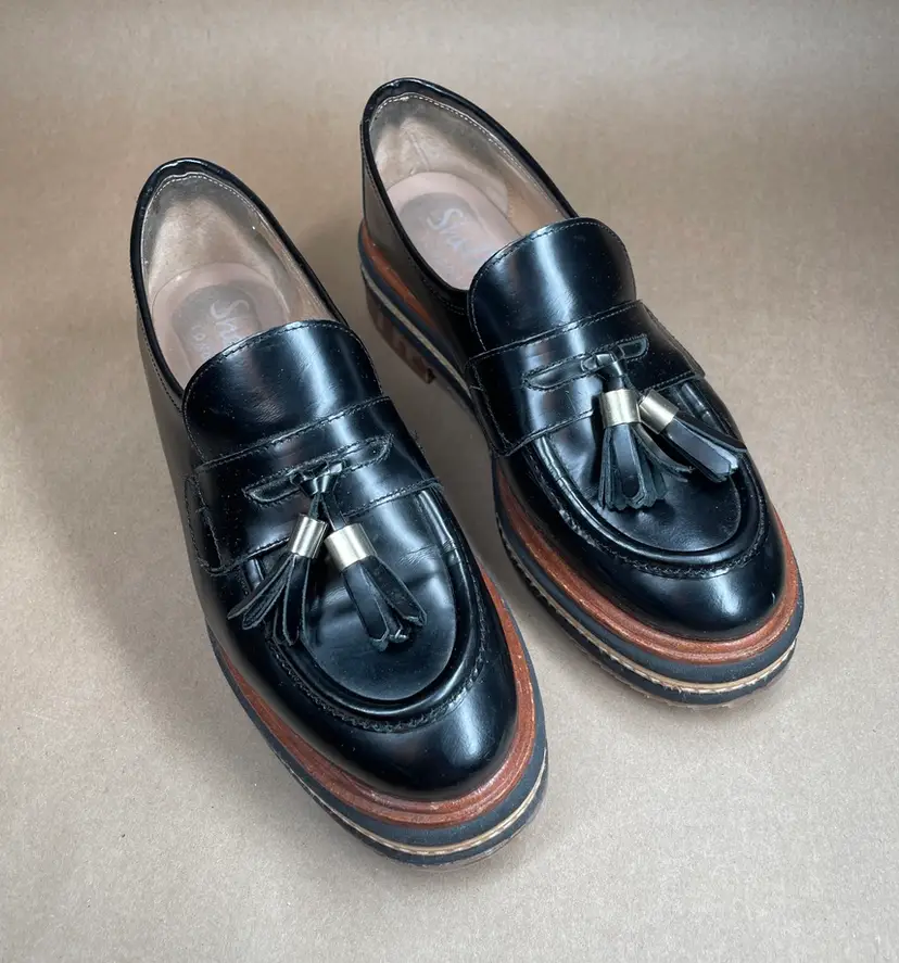 Shellys London Womens Slip On Black Chunky Oxford Loafers with Tassels EUR 39