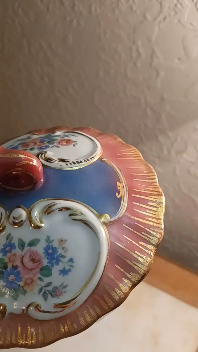 Vintage Porcelain Lidded Dish Pink White Floral Hand-Painted Gold Gilt Decor