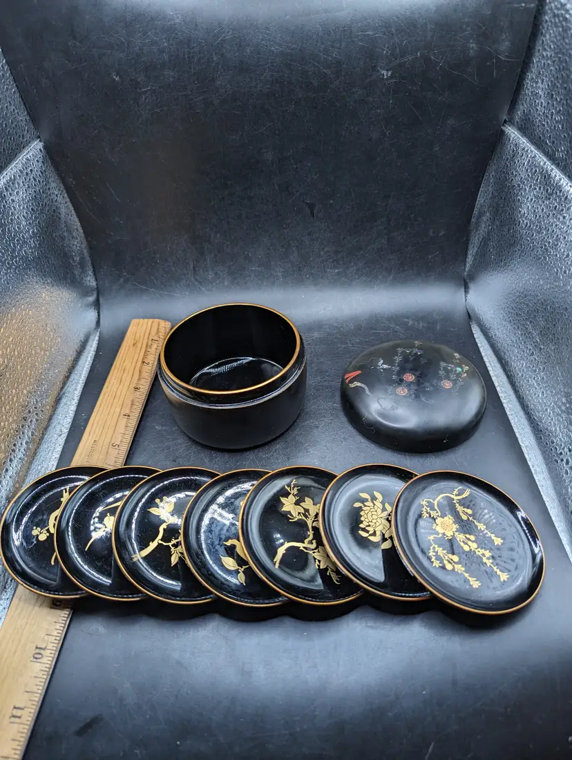Vintage Japan Black Enamel Lacquerware Set of 7 Small Coasters & Box & Gold Floral Pattern