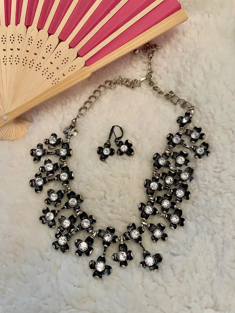 Vintage Joan Rivers Bib Gunmetal Flower and Rhinestone Necklace and Earring Set