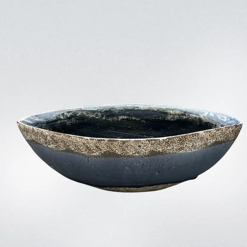 Raku Crackle Glaze Art Pottery Bowl Purple/Blue Glaze Boat Shaped Planter 11”