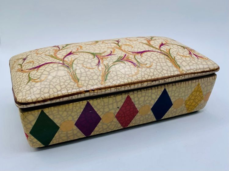 Chinese Ge Ware Style Trinket Box Crackle Glaze Lid Geometric Ceramic Vintage