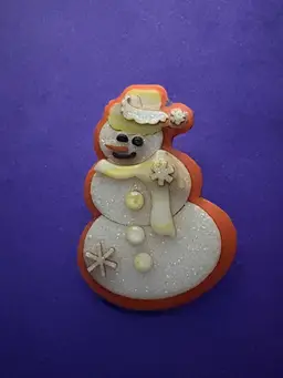 Designs By Lucinda ~ Vintage SNOWMAN Pin / Brooch  ~ Orange Background With Yellow And White Hat And Scarf