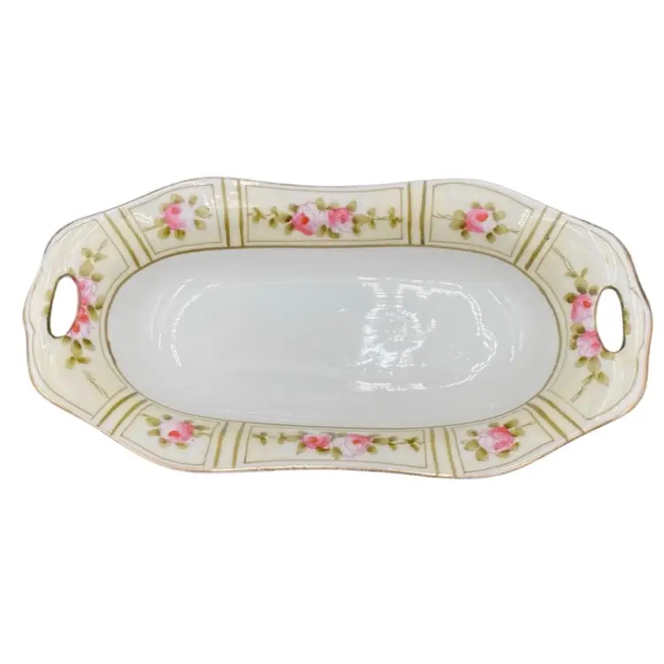 Antique Hand-Painted Nippon Dish, Reticulated Handles, Pink Flora, Green & Gold