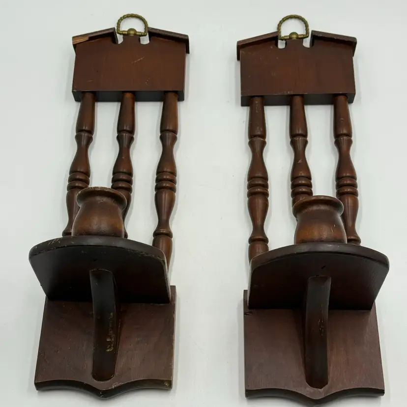 Mid Century Modern Wood Spindle Vintage Wall Mount Candle Holder Sconces Set Of Two