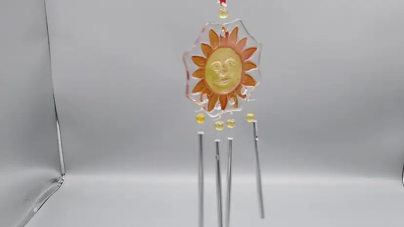 Small Vintage 90s Celestial Sun Face Suncatcher Beaded Wind Chime Orange Yellow Fused Art Glass 12"
