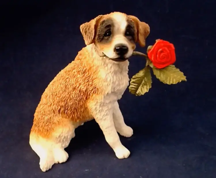 St. Bernard Dog Puppy with Silk Rose in mouth Resin figurine unmarked realistic