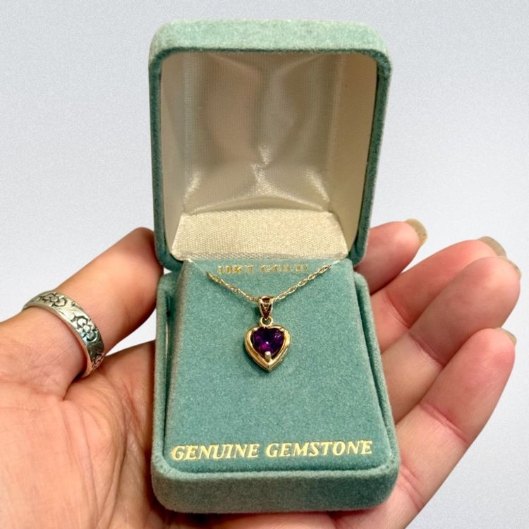 Vintage 10k Yellow Gold T&C Amethyst Heart on 14k T&C 18” Chain, 1.2g, NIB